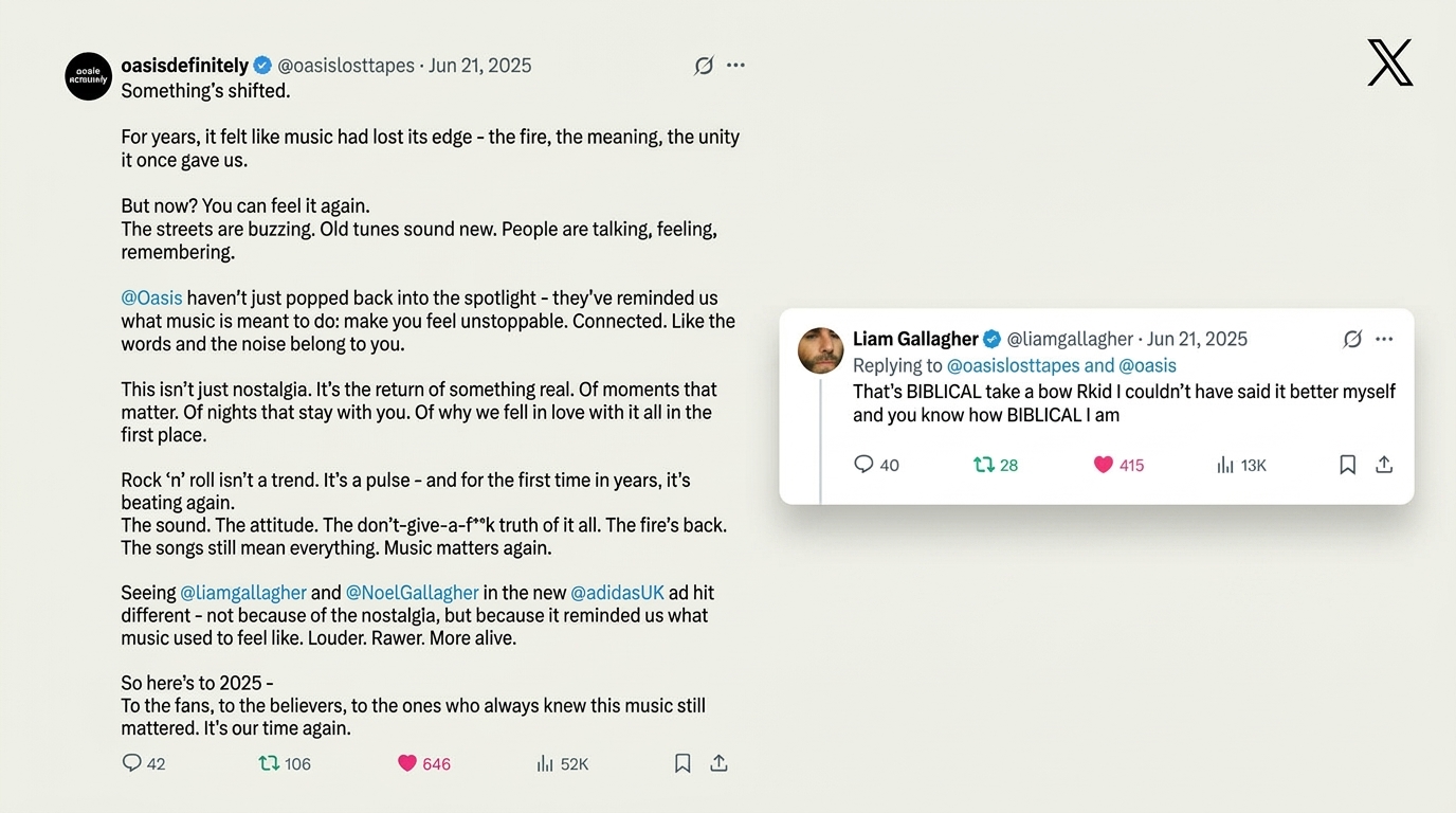 Liam Gallagher replying to the OasisDefinitely account on X