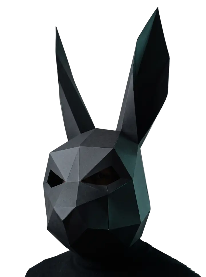 The Clever Rabbit in a black paper rabbit mask